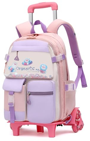 IvyH Trolley Rucksack mit Rollen, 16 Zoll Modisch Kinder Schulranzen mit Rollen für Mädchen, Abnehmbare Schulrucksack Trolley mit Räder, 1-4.Klasse, Rosa