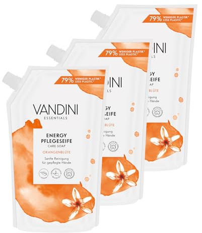 VANDINI 3x Energy Seife Nachfüllbeutel mit Orangenblüte Duft 500ml - Made in Germany Flüssigseife Nachfüllbeutel vegan - Handseife Nachfüllbeutel reinigt sanft - Liquid hand soap refill