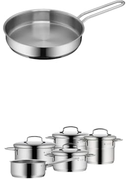 WMF-Bateria de cocina Mini (5 piezas con tapas)acero inoxidable, 1 x Cacerola Ø 14 cm, 1 Cacerola Ø 16 cm, 1 Cacerola Ø 12 cm, 1 Cacerola Ø 14 cm, 1 Cazo de 16 cm y 1 Sartén Ø 18 cm Sin Recubrimiento