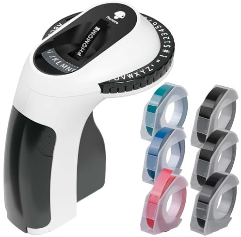 Etikettiergerät, Beschriftungsgerät, 3D Prägegerät E975 mit 6 Rollen Prägegerät Etiketten, Tragbarer Beschriftungsgerät, Handgerät Etikettiergerät mit Prägung, Etikettendrucker für Zuhause,Büro
