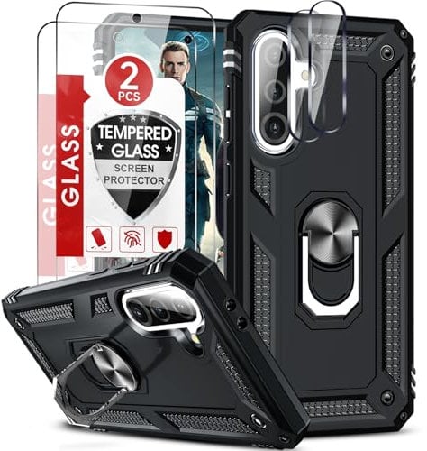 LeYi Handyhülle für Samsung Galaxy A36 5G Hülle [ 2 Schutzfolie & 2 Kamera Glasfolie ] Militär Fallschutz Handy Hüllen Ständer Metall Ring Schutzhülle Stoßfest Cover Outdoor A 36 5 G Case Schwarz