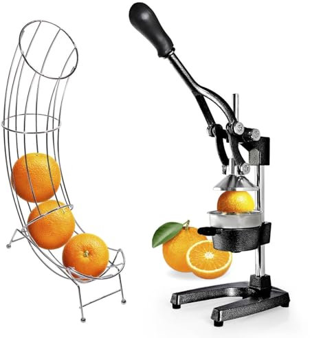 Lumaland Entsafter Set mit Obstständer für max. 6 Orangen | Gusseisen Entsafter mit Orangenständer - Gemüse und Obst ideal lagern & entsaften | manueller Entsafter mit Orangenhalter| schwarz