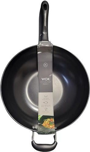 Hilltop Supplies Wok 32cm, Black Carbon Steel, Stir-Fry Pan, Non Stick, Suitable for Induction, Gas, Ceramic and Electric Hobs, Large Capacity