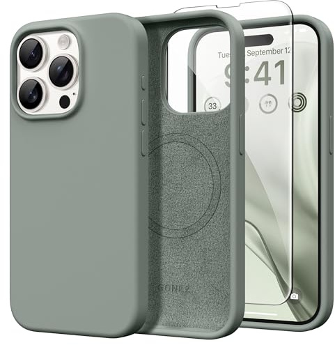 GONEZ für iPhone 15 Pro Hülle Silikon 6,1 Zoll & Displayschutz, [MagSafe-kompatibel] dünne Handyhülle aus Flüssigsilikon, Kratzfeste und stoßfeste, Mikrofaserfutter Schutz Case, Kalke Grün