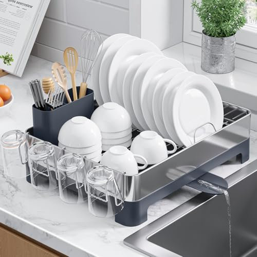 Kitsure Dish Drainer Rack, Space-Saving Draining Board Rack for Kitchen Counter, Dish Drainer Metal Dish Drying Rack, 44.7 x 32.0 x 11.4cm, Grey