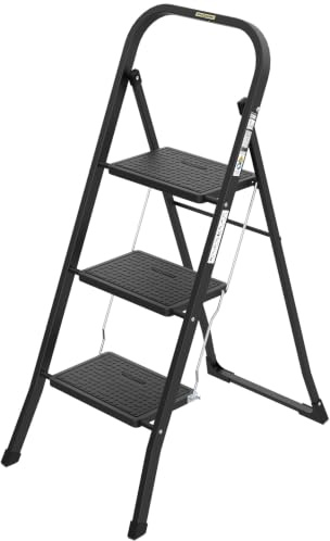 Drabest - Stahlleiter, 3-stufige Leiter, mit Anti-Rutsch-Beschichtung - Leichtes, ergonomisches Design, bequem zu transportieren - 150kg Belastbarkeit, 116x90x5cm, Schwarz
