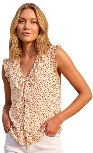 Roman Women Frill Front Vest Top Ladies Ruffle Blouse Summer Spring Special Occasion Evening Holiday Cruise Cocktail Party Short Long Sleeve Sleeveless V-Neck - Ivory Floral - Size 16