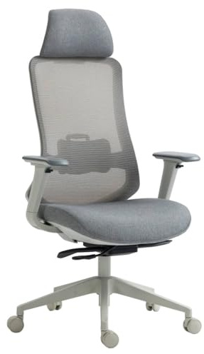 OFFICER PRODUCTS Bürostuhl Siros mit Verstellbaren Armlehnen/Ergonomischer Schreibtischstuhl mit Netzbespannung/Lordosenstütze / 4D-Armlehnen, Grau Farbe/Office Chair
