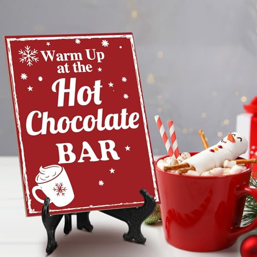 Chunful 1 Set Christmas Hot Cocoa Bar Wooden Sign with Easel, Snowflake | Hot Chocolate Station Table Sign, Winter Coffee Bar Block Decorations, Holiday Table Shelf Desk Decor, Coffee Party Supplies