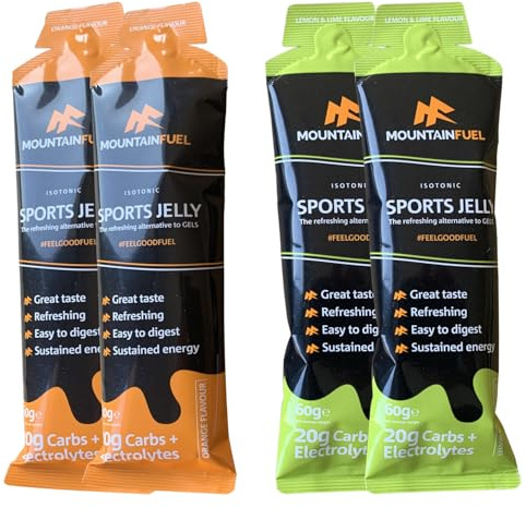 Mountain Fuel Sports Jelly Hydrogel Energy Gel Pouch - 20g of Carbs & Electrolytes - Mineral-Rich Hydration Boost - Vegan, Gluten-Free Performance Fuel - 4 Pack (4 Pack, 2 Orange / 2 Lemon & Lime)