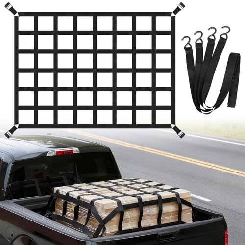 KOMCLUB Gepäcknetz für Pickup LKW Ladefläche | Vier robuste Befestigungsgurte mit stabilen Metallhaken inklusive, verhindert Verrutschen & Herausfallen