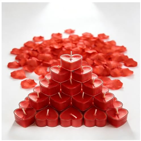 MSYMSYU 27 candele tealight rosse a forma di cuore 4 x 1,5 cm, custodia trasparente senza profumo con 500 pezzi decorazione a forma di cuore di San Valentino petali di rosa
