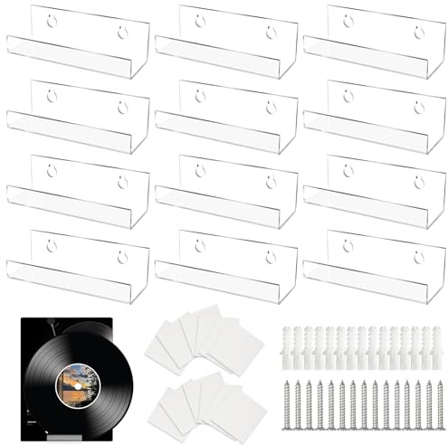 YMTWSRY 12 PCS Vinyl Wall Mount, 10cm Clear Stick on Shelf CD Display 4 Inch Acrylic Floating Shelves Holder Wall Record Shelf for Nail Polish Home Office