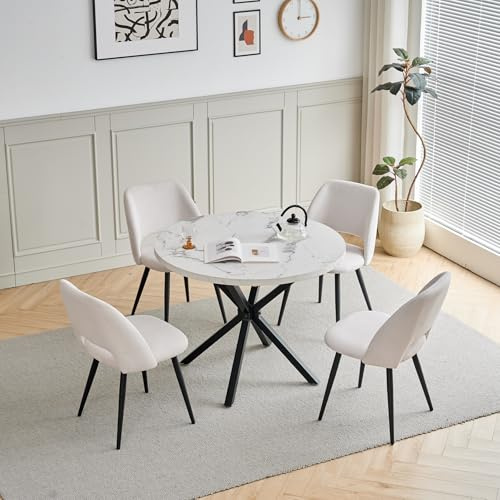 DEYARNA HOME Esstischgruppe mit 4 Stühlen, 100cm Runder Tisch mit 4 Gepolsterte Samt-Esszimmerstühle, Mittelcentury Modern Design für Küche, Wohnzimmer, Restaurants (Weiß/Schwarz+Beige)