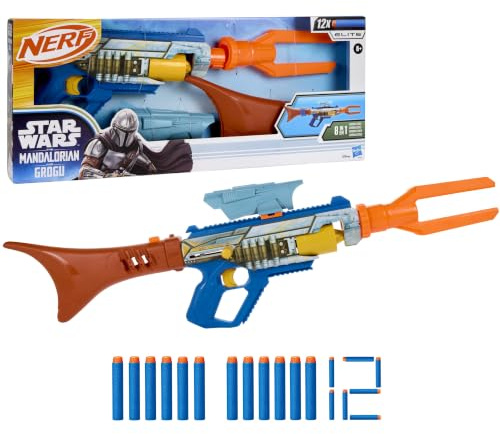 Nerf Star Wars The Mandalorian Blaster, Fernrohr, Lauf, Schulterstütze mit Dart-Aufbewahrung, 12 Nerf Elite Darts, Geschenk für Kinder, ab 8 Jahren