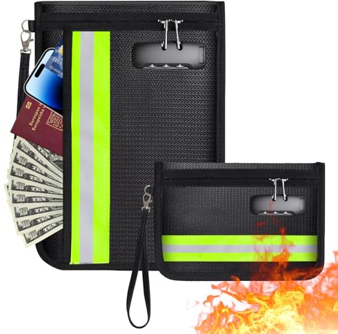 2 Stück Feuerfeste Dokumententasche mit Schloss, Feuerfeste Geldtasche mit Schloss, Dokumentetasche mit Reflektierendem Streifen für Passport,Geldtasche,Zertifikate und Wertsachen