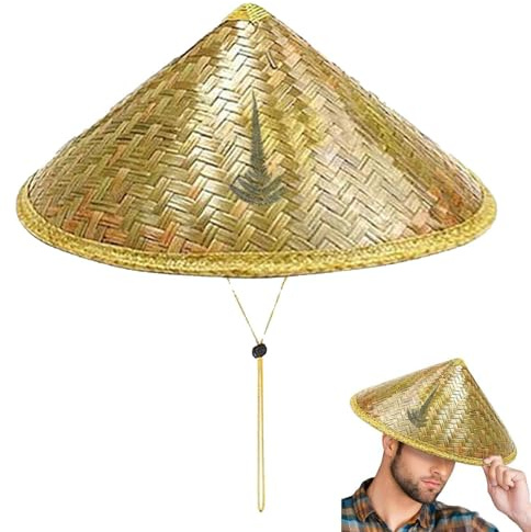 Genérico Sombrero Chino Retro De Bambú Y Ratán Hecho A Mano, Sombrero Cónico Chino De Paja Impermeable, Con Correa Ajustable Para La Barbilla, Sombreros Asiáticos Tradicionales De 35 Cm Para Viajar