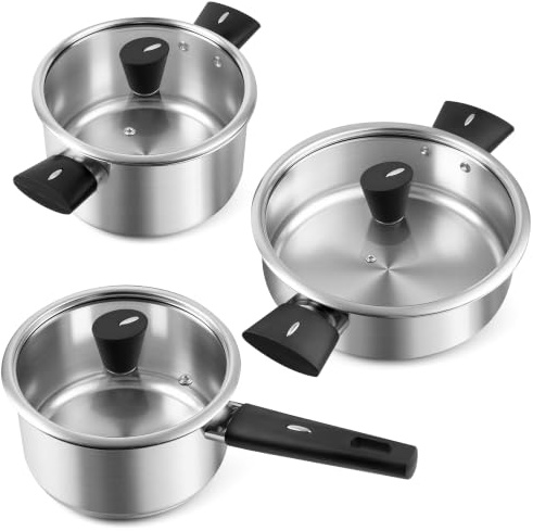 ASKSCICI Edelstahl Topfset 6-teilig, Kochtopf Set mit Glasdeckel, Induktion geeignet, Edelstahl Töpfe Set ohne Beschichtung, spülmaschinengeeignet, für Gas-, Elektro- und Cerankochfelder