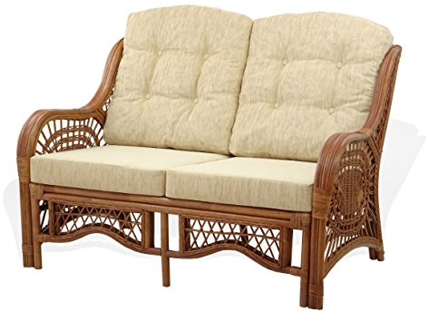 SunBear Furniture Lounge Malibu Loveseat Sofa ECO Natural Rattan Wicker Handmade Design with Cream Cushions, Cognac