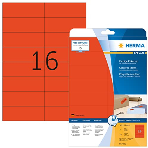 HERMA 4552 Farbige Etiketten rot ablösbar, 20 Blatt, 105 x 37 mm, 16 pro A4 Bogen, 320 Stück, selbstklebend, bedruckbar, matt, blanko Papier Farbetiketten Aufkleber