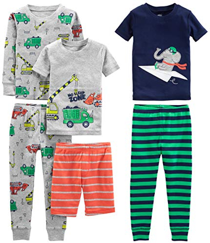 Simple Joys by Carter's Jungen 6-Piece Snug Fit Cotton Pajama Set Pyjamaset, Grau Lkws/Grün Streifen/Marineblau Elefant/Orange Streifen, 2 Jahre (3er Pack)