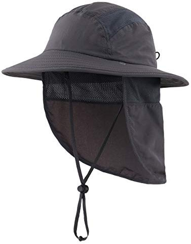 Magracy Kinder Jungen Outdoor UPF50+ Sonnenhut mit Nackenklappe breiter Krempe Sonnenschutzhut Verstellbarer Safari-Hut Dunkelgrau