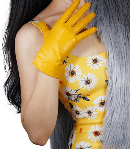 DooWay Frauen Echt Leder Handschuhe Importiert Ziegenleder Handgelenk Kurze Klassische Winter Warm Futter Kleid Party Fahren Handschuhe, gelb, Medium