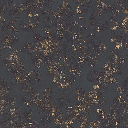 Barock Tapete in Schwarz Gold mit Ornament | Neobarock Wandtapete im Vintage Stil mit Glitzer Effekt | Elegante Vliestapete ideal für Schlafzimmer