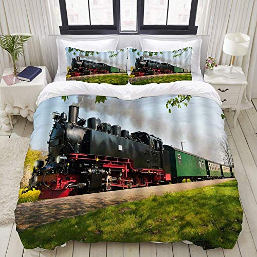 Yaoni Bettbezug, Retro Zug Vintage Lokomotive Dampfmaschine mit Rauch läuft bei Open Country rustikale Naturlandschaft, Bettwäsche-Set Bequeme leichte Luxus-Mikrofaser-Sets