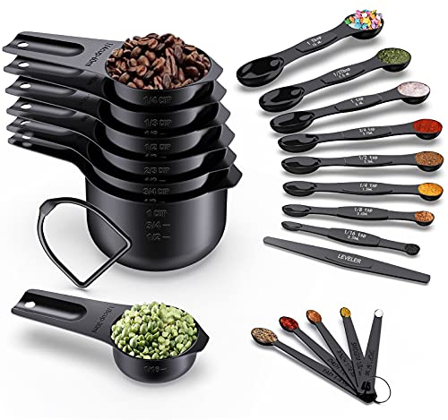 Wildone 21 Piece Black Measuring Cups & Spoons, Includes 7 Stainless Steel Measuring Cups, 8 Double Sided Measuring Spoons, 1 Leveler & 5 Mini Spoons
