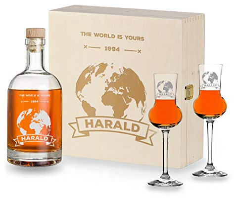 Likör-Genießer-Set 4-TLG | 2x Likörgläser 87 ml, 1x Flasche 700 ml und 1x gravierte Holzkiste | Mann, Papa, Opa | Schnaps Geschenk | mit Wunschgravur | Motiv Weltkugel