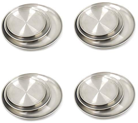 12 Pack Stainless Steel Plates, Reusable Brushed Metal Dinner Plates, Durable Metal Dinner Dishes for Picnic BBQ Steak (Sliver)