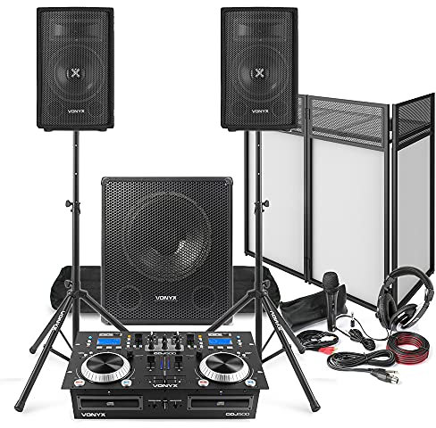 Vonyx Mobile DJ Setup with 8 PA Speakers, 15 Active Subwoofer, CD Mixer Amp, Foldable Booth Stand, Microphone, DJ Headphones & Speaker Tripods - Full Home & Mobile Disco System Kit