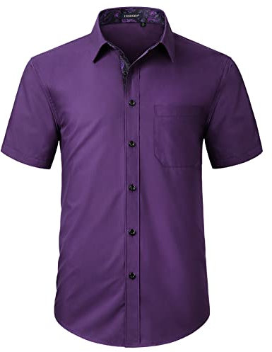 HISDERN Camicia da Uomo Viola a Maniche Corte per Uomo Camicia Casual Estiva con Taschino sul Petto, M