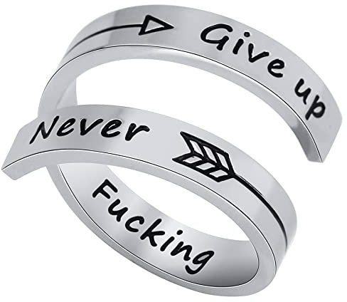 JewelryWe Schmuck Edelstahl Offene Damen-Ring mit never give up fucking Gravur, Partnerringe Freundschaftsringe, Silber Verstellbar Ring