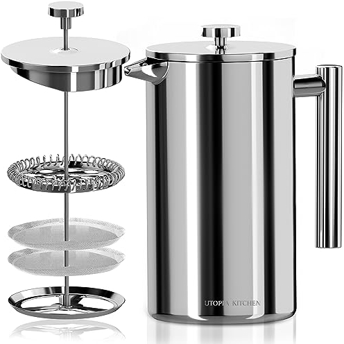 Utopia Kitchen French Press Coffee Maker 0.5L Stainless Steel Double Wall Insulated French Press Coffee Maker with 4-Tier Filtration System, Includes 2 Extra Filters, Rust Proof, Silver