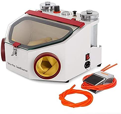 Global Lab Sandblaster Double Pen Fine Sand Blasting Machine Large View Window Sandblaster Unit with LED Lamp with 2 Pen + 2 Iron Cups