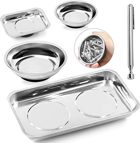 Swpeet 5Pcs 2 Shapes Round and Square Stainless Steel Magnetic Tool Tray with 3Ib Magnetic Pickup Tool Assortment Kit, Magnetic Parts Tray Holder Round Magnetic Tray for Parts Socket Screw Nut Bolt