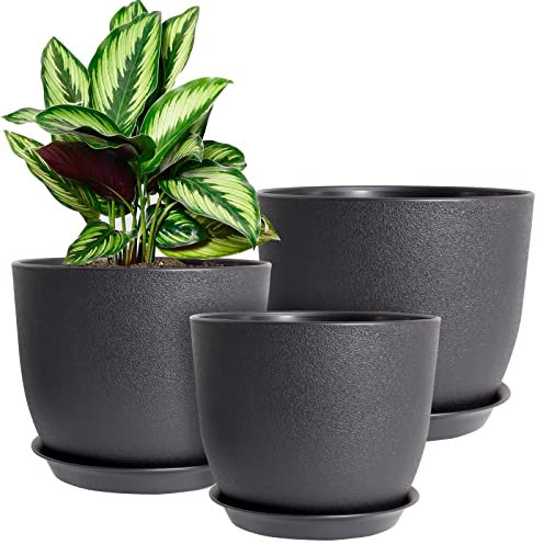 WOUSIWER Lot de 3 Pots de Fleurs décoratifs Modernes en Plastique avec Trous de Drainage et soucoupes pour Plantes d'intérieur, Fleurs d'intérieur, Noir