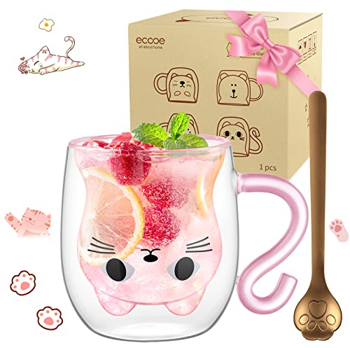 ecooe Doppelwandige Süße katze Latte Macchiato Gläser Kaffeetasse 290ml Kaffeeglas Teegläser für Cappuccino,Latte Macchiato,Tee, Milch, EIS, Bier, Geburtstag Valentinstag Geschenke für Frauen Kinder