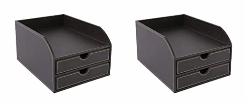 OSCO Brown Faux Leather 2 Tier Sorter with Letter Tray | 2 Pack | A4 | Drawers | Desk Tidy | Document Storage | Paperwork Organiser | File Holder | 35 x 25 x 18.5 cm