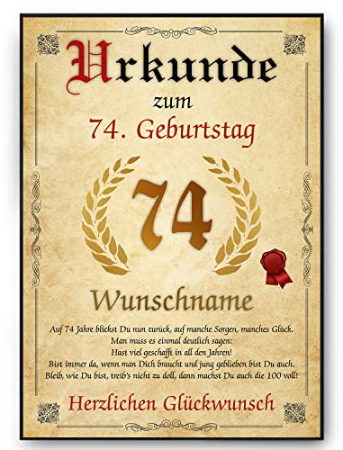 Tigerlino® Personalisierte Urkunde zum 74. Geburtstag Geburtstagsurkunde Jahrgang 1951 Geschenk Männer Frauen 74 Jahre Geburtstagsgeschenk Geburtstagskarte 74. Geburtstag Geschenkidee personalisierbar