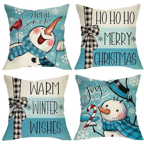 Fjfz Warme Winterwünsche blaue dekorative Kissenbezüge 40,6 x 40,6 cm, 4 Stück, Schneemann Merry Christmas Let It Snow Veranda Outdoor Home Decor, Buffalo Plaid Check Hohoho Joy Holiday Couch