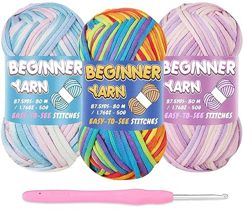 3 Pack Anfänger Häkelgarn, Garn für Häkeln Strickanfänger, leicht zu sehende Stiche, grobes dickes sperriges Baumwollweiches Garn zum Häkeln (3x50g) (Regenbogen+Farbverlauf Lila+Farbverlauf Blau)