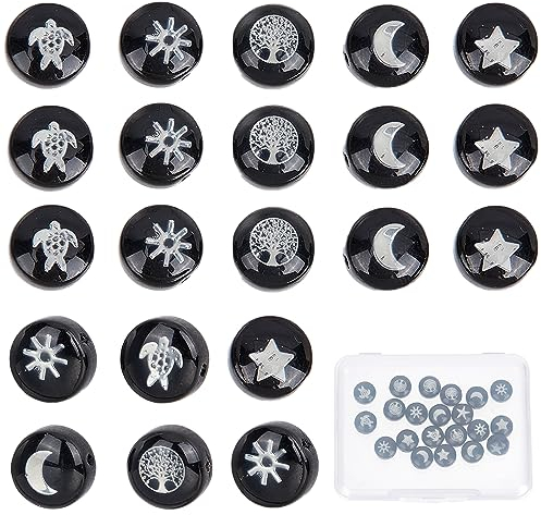 SUNNYCLUE 1 Caja 30 Piezas Cuentas de Vidrio de Murano Cuentas Hechas A Mano de Árbol de la Vida Cuentas de Vidrio Redondas Planas Negras Cuentas de Abalorio de Estrella de Tortuga Sol Luna Cuentas Es
