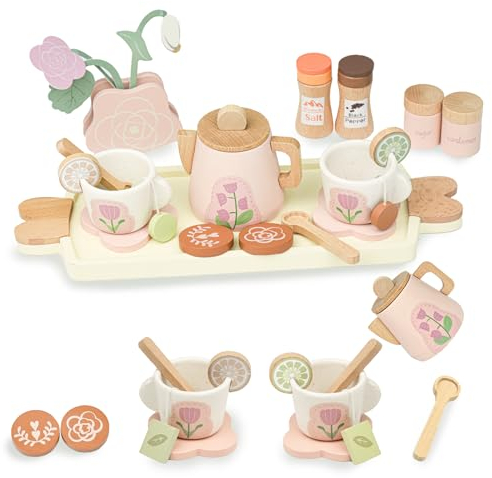 AolKee Service à thé en bois pour tout-petits, jouets de jeu de rôle, accessoires de cuisine pour enfants, ensemble de thé pour enfants, rose, cadeaux pour tout-petits de 3, 4, 5 ans