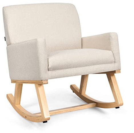 COSTWAY Silla Mecedora, Base de Madera Maciza, Mecedora Lactancia, Asiento Acolchado, Butacas de Salon Dormitorio, 67 x 87 x 85 cm, Beige
