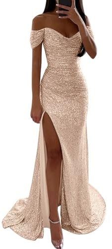 Women's Sequined Maxi Dress - Off Shoulder, Short Sleeve, Floor Length, Side Slit, Perfect for Prom, Cocktail, Evening & Wedding Guest Occasions Rose Gold