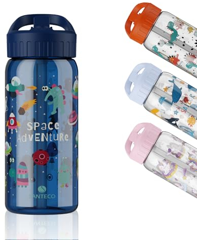 SANTECO Borraccia per Bambini, 500 ml Borraccia con Cannuccia, a Prova di Perdite, Facile da Aprire, Senza BPA, Maniglia per il Trasporto, Facile Pulizia, Borraccia leggera in Tritan per Asilo, Scuola