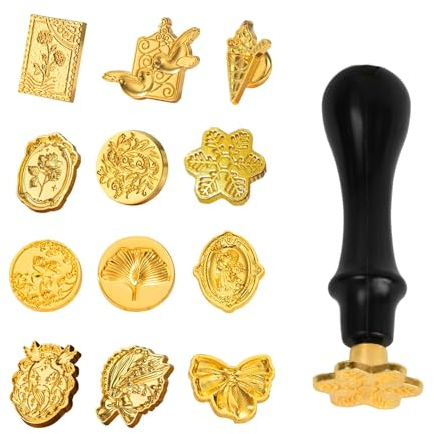 Lot de Tampons de Cire, Sceau Tampon à Cachet Rétro, Tampon Cachet de Cire, Sceaux Tampons à Cachet 12 Pcs Tampon de Sceau de Cire en Laiton avec 1 Poignée en Bois, Tampon Cire à Cacheter pour Lettre